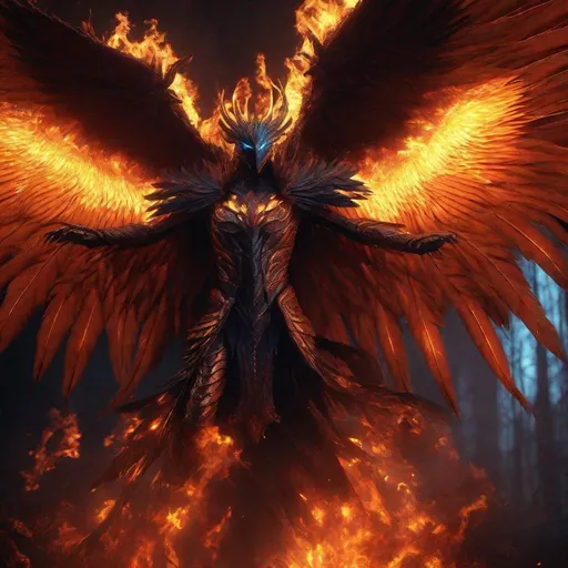 Prompt: Archdemon Phenex, Phoenix, humanoid body, demonic wings engulfed in flames, dark and fiery atmosphere, high-contrast lighting, hellish color palette, detailed feathers and scales, ominous and imposing presence, 4k, ultra-detailed, dark fantasy, demonic wings, fiery, high contrast, hellish, detailed feathers, sinister presence, atmospheric lighting