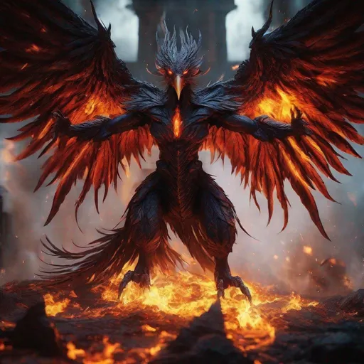 Prompt: Archdemon Phenex, Phoenix, humanoid body, demonic wings engulfed in flames, dark and fiery atmosphere, high-contrast lighting, hellish color palette, detailed feathers and scales, ominous and imposing presence, 4k, ultra-detailed, dark fantasy, demonic wings, fiery, high contrast, hellish, detailed feathers, sinister presence, atmospheric lighting