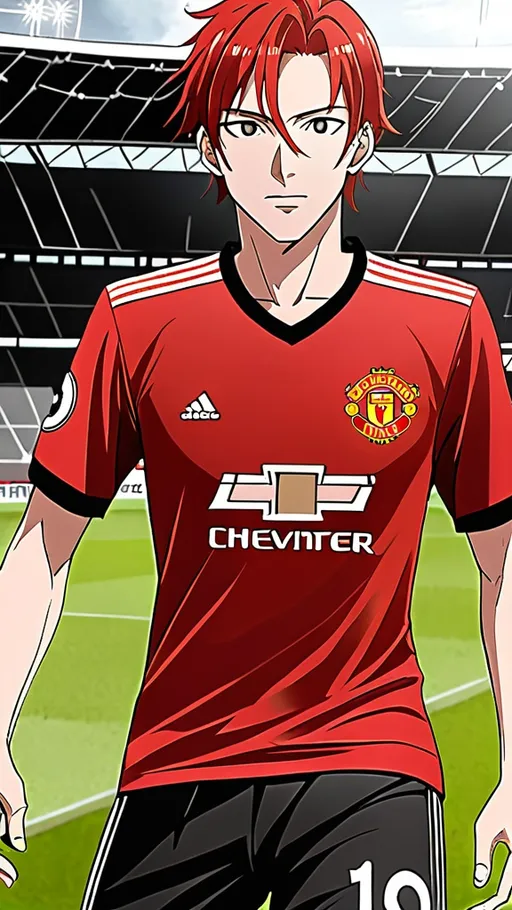 Prompt: anime adult male soccer wearing a soccer Manchester United jersey. red hair. black eyes.