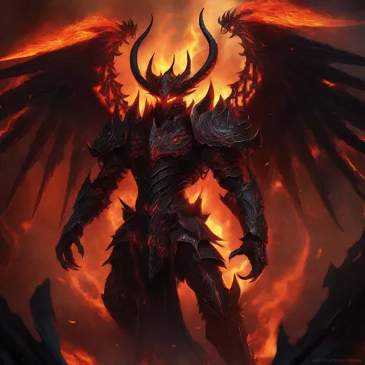 Prompt: Archdemon Gaap, dark and imposing figure, demonic wings and horns, intimidating presence, intricate details on armor, glowing red eyes, surrounded by flickering flames, high quality, digital painting, dark and fiery tones, dramatic lighting, menacing, powerful, infernal