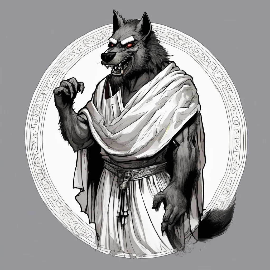 Prompt: werewolf wearing Greek clothing.