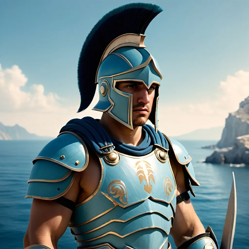 Prompt: A young spartan general. He wears a light blue hoplite armor. He has his helmet under his arm. ocean background.