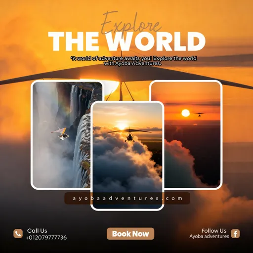 Prompt: This image is a digital advertisement for "Explore THE WORLD" by Ayoba Adventures. The background features a gradient from dark orange to yellow, suggesting a sunset or sunrise. The text "Explore THE WORLD" is prominently displayed in large, white, bold letters at the top center. Below the main text, in smaller white letters, it reads: "A world of adventure awaits you! Explore the world with Ayoba Adventures."

The advertisement includes three overlapping rectangular photographs in the center, each depicting different aerial views. The left photograph shows a helicopter flying near a tall waterfall, with mist rising from the base. The middle photograph features a helicopter hovering above a cloud-covered landscape, with sunlight breaking through the clouds. The right photograph depicts a helicopter in flight against a sunset sky, with the sun partially visible above the horizon.

At the bottom of the image, there is a dark brown rectangular banner with the website "ayobaadventures.com" in white text. To the left of this banner, a white phone number "012079777736" is displayed. On the right, there is a "Book Now" button in white text on a dark brown background. The bottom right corner also includes a small Facebook icon. The overall style is modern and vibrant, aiming to evoke a sense of adventure and exploration.