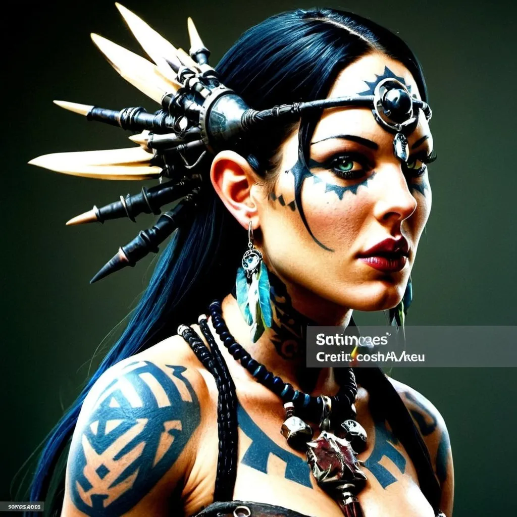 Prompt: tattooed female shaman with spiked club and animal head shield