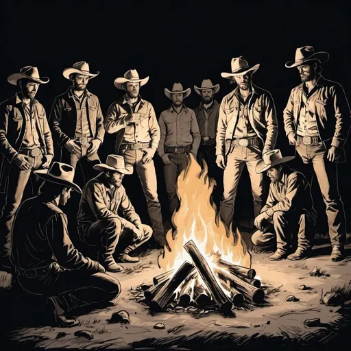 Prompt: a sketch of 10 cowboys arround fire in night , only their face are visible
