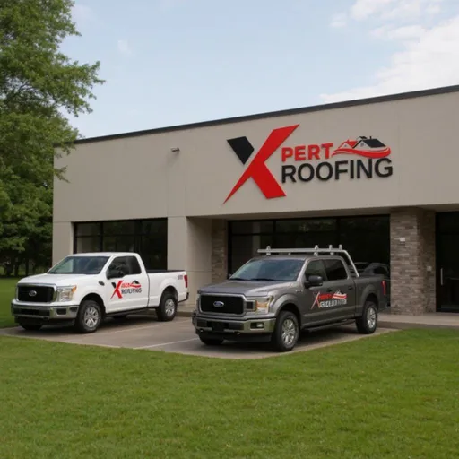 Prompt: A realistic, professional-quality photo of the latest roofing company vehicles — including clean, branded pickup trucks and work vans — parked in front of a modern commercial office building in the state of Connecticut. The vehicles are clearly marked with a realistic company logo and contact details, which also appears on the building facade or office signage. The company name is "Xpert Roofing Pro." The setting should include seasonal landscaping appropriate for Connecticut (late summer: green grass, bright skies, light cloud cover), and the overall photo should look natural, as if taken by a commercial photographer. The vehicles are white and charcoal gray, well-maintained, with ladder racks and tool storage, parked neatly in front of the building. Avoid any elements that make the image look AI-generated. Ensure proportions, reflections, shadows, and angles are natural. The company office has a glass door and windows, with visible signage and branding.