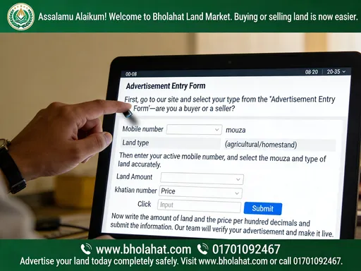Prompt: সময় ভিডিওর দৃশ্য (Visuals) ভয়েসওভার (Voiceover - যা শোনা যাবে)
০০-০৮ সেকেন্ড স্ক্রিনে আপনার ওয়েবসাইটের লোগো এবং হোমপেজ দেখা যাবে। আসসালামু আলাইকুম! ভোলাহাট জমির বাজারে আপনাকে স্বাগতম। জমি কেনা বা বেচা এখন আরও সহজ।
০৮-২০ সেকেন্ড মাউস বা হাত দিয়ে দেখানো হচ্ছে 'বিজ্ঞাপন এন্ট্রি ফরম' পূরণ করা। প্রথমে আমাদের সাইটে গিয়ে 'বিজ্ঞাপন এন্ট্রি ফরম' থেকে আপনার ধরন নির্বাচন করুন—আপনি ক্রেতা নাকি বিক্রেতা।
২০-৩৫ সেকেন্ড মোবাইল নম্বর, মৌজা এবং জমির ধরণ (যেমন: আবাদি বা ভিটা) সিলেক্ট করার দৃশ্য। এরপর আপনার সচল মোবাইল নম্বর দিন, মৌজা এবং জমির ধরন নির্ভুলভাবে সিলেক্ট করুন।
৩৫-৫০ সেকেন্ড জমির পরিমাণ, খতিয়ান নম্বর এবং মূল্য লিখে 'সাবমিট' বাটনে ক্লিক করার দৃশ্য। এবার জমির পরিমাণ এবং প্রতি শতকের মূল্য লিখে তথ্যগুলো জমা দিন। আপনার বিজ্ঞাপনটি আমাদের টিম ভেরিফাই করে লাইভ করে দেবে।
৫০-৬০ সেকেন্ড ওয়েবসাইট লিঙ্ক এবং ফোন নম্বর বড় করে দেখা যাবে। আজই আপনার জমির বিজ্ঞাপন দিন সম্পূর্ণ নিরাপদে। ভিজিট করুন www.bholahat.com অথবা কল করুন 01701092467।