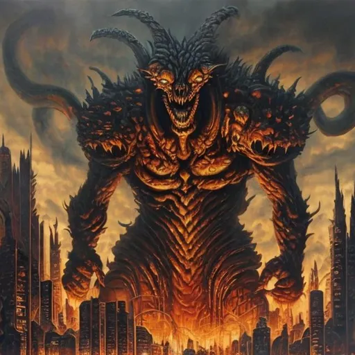 Prompt: oil painting of a giant demon with jackal skull for a head destroying a metropolis.