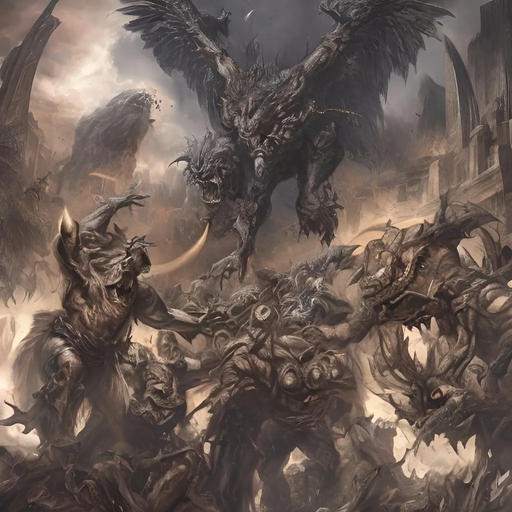 Prompt: realistic photo of angels fighting a larger demon with jackal skull for a head destroying a metropolis.