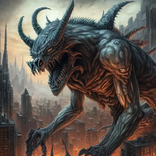 Prompt: realistic photo of a giant demon with jackal skull for a head fighting smaller angels in a metropolis.