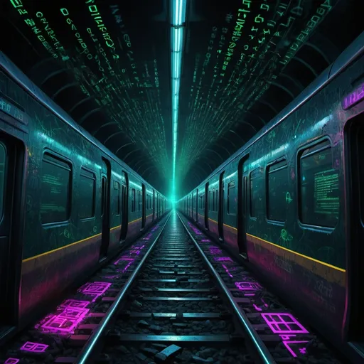 Prompt: Album cover for 'Train of Life', inspired by Amir Tataloo and ‘The Matrix’, (mysterious train) moving through a (dark digital landscape) filled with (hidden symbols), (cryptic codes), and (secret letters) embedded in the scene, creating an atmosphere of (mystery and intrigue), vibrant neon colors, dynamic composition, (ultra-detailed), cinematic high quality.