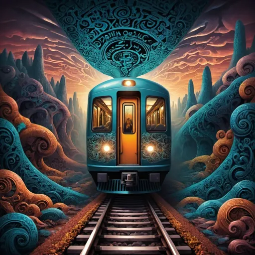 Prompt: Album cover (for 'Train of Life'), (surreal) digital train, flowing through a shadowy, abstract landscape, filled with (hidden symbols), (cryptic codes), and (secret letters), dense with intricate patterns, enchanting textures, soft (dramatic) lighting, evoking mystery and depth, (otherworldly atmosphere), (highly detailed), (vibrant colors), (intricate details), capturing the essence of Amir Tataloo’s style.