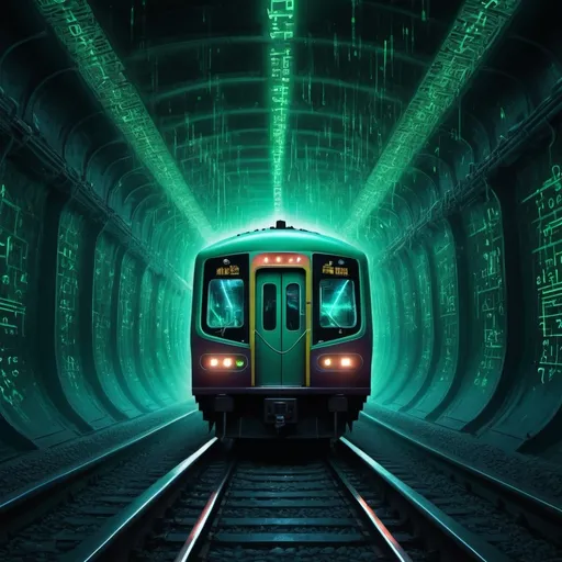 Prompt: Album cover for 'Train of Life', inspired by Amir Tataloo and ‘The Matrix’, (mysterious train) moving through a (dark digital landscape) filled with (hidden symbols), (cryptic codes), and (secret letters) embedded in the scene, creating an atmosphere of (mystery and intrigue), vibrant neon colors, dynamic composition, (ultra-detailed), cinematic high quality.