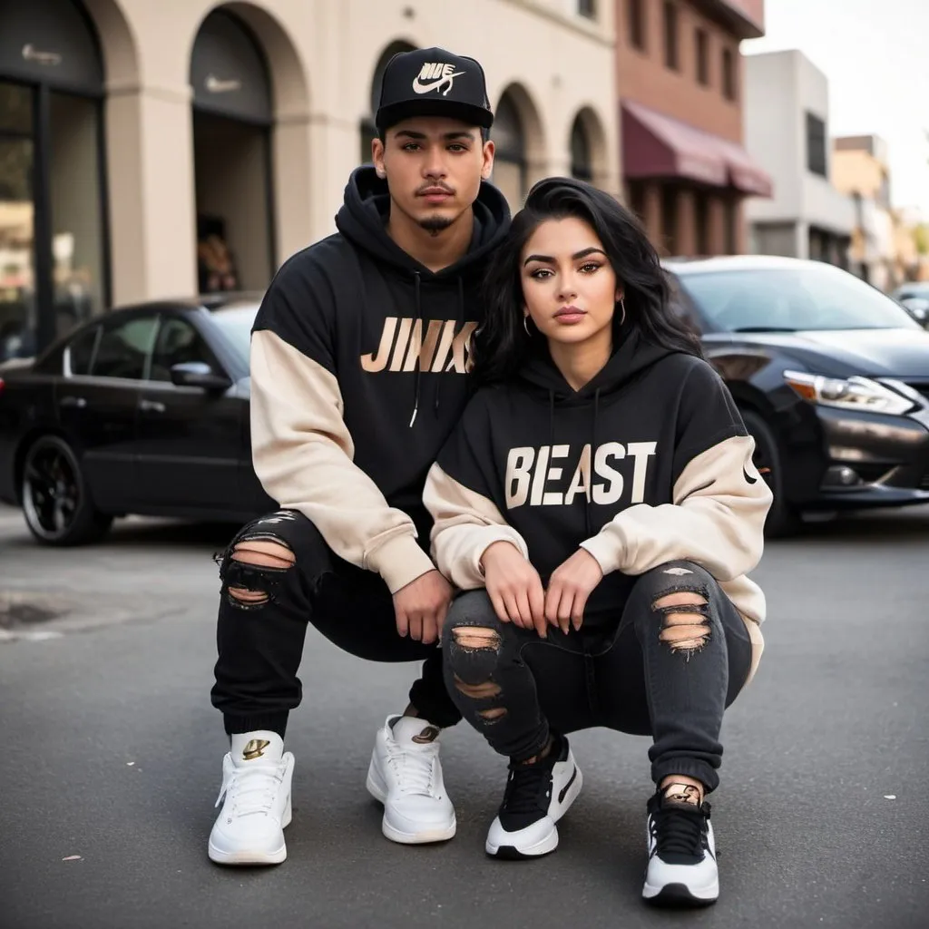 Prompt: Mexican couple man and woman. The Mexican man is wearing a Black hoodie that says "Beast" in Beige font, black ripped jeans and Black/White/Beige Nike Jordans sneakers. He has short black hair with fade on sides and a Black hat with white Jordan sign. The Mexican woman is wearing a black Hoodie that says "Beauty" in beige font and black ripped jeans. Her shoes are Black/white/beige Nike Jordans. She had long, wavy, Golden brown with Blonde highlights. They boy have light hazel eyes. Behind them is a Matte Black Sports Modified Nissan Maxima with bronze chrome rims and bronze decals.