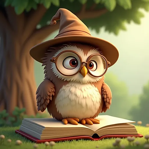 Prompt: A wise old cartoon owl with round glasses and a little hat, sitting on a big book under a tree. He has a calm, thoughtful expression and is slightly smiling. Style: warm and friendly 3D children’s illustration.


