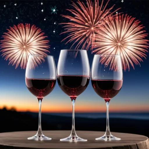 Prompt: Three wine glasses containing wine on a table. Fire works in the night sky.