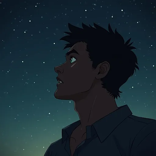 Prompt: Uomo moro con occhi verdi  che guarda il cielo notturno con stelle di profilo, pensante 