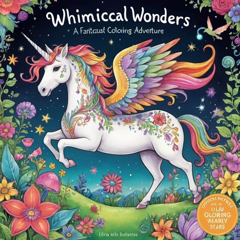 Prompt: Whimsical Wonders: A Coloring Adventure cover page colorful