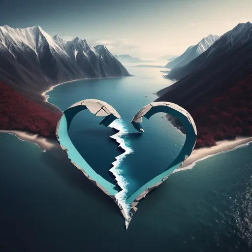 Prompt: Broken heart between ocean and mountains