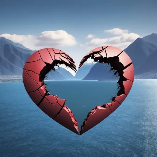 Prompt: Broken heart between ocean and mountains