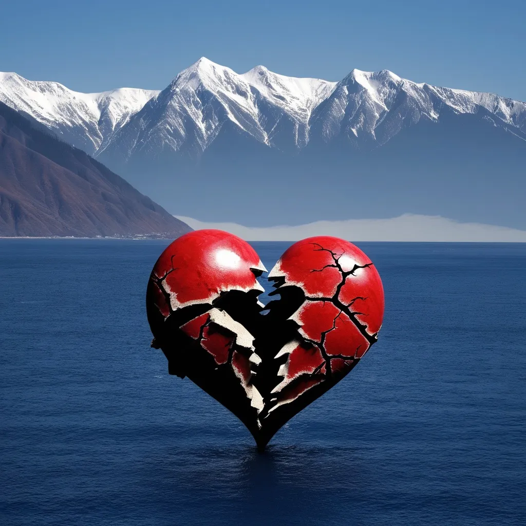 Prompt: Broken heart between ocean and mountains