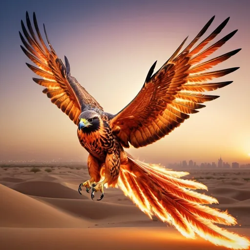 Prompt: majestic fiery falcon hybrid with fire wings like a phoenix, soaring over a desert dubai landscape, resembling a phoenix, high quality, surrealism, realistic, fiery wings, majestic falcon, desert dubai, phoenix-like, photorealistic, surreal, detailed feathers, intense gaze, vibrant colors, professional, surreal lighting