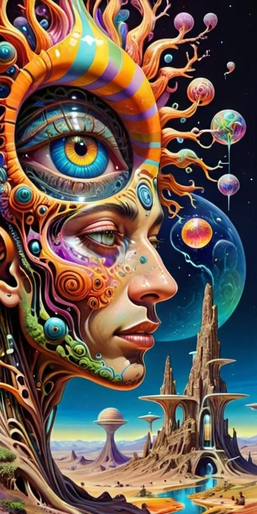 Prompt: psychedelic art trippy  head in a surreal world, visionary artists, out-of-this-world landscape, weird creatures, fantasy, holograms, digital world, conscious entities, utopian setting, surrealism, visionary art, detailed and vibrant, highres, otherworldly, dreamlike, vibrant colors, surreal lighting, detailed landscape, advanced technology, sentient atmosphere, utopian society, high-quality rendering