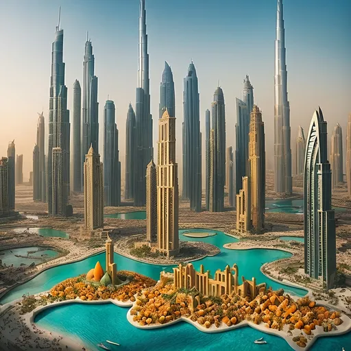 Prompt: transform Dubai's iconic architecture into a whimsical universe constructed entirely of mangoes everywhere, a city of giant mangoes in a city landscape
