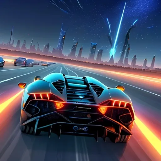 Prompt: Futuristic bedouins racing in (Lamborghini UAE), high speed, thrilling scene on desert road, Dubai skyline backdrop, (vibrant colors), vibrant light trails, cinematic lighting, highres, desert landscape, iconic car design, exhilarating atmosphere, adventurous, photorealistic, 4K, ultra-detailed, dynamic motion, sandy animation, deep oranges, reds, and golds, night sky with shining city lights, intense and dramatic mood, dust trails behind cars.