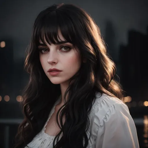 Prompt: Female shot, Ambient night scenery, City, Mist, Analog style portrait+ style, Hyperealistic 8k shot, high-resolution, looking into the camera, Up-close focus, Highly detailed face, UHD, HD, 8k. Adult Female has long black wavy hair with bangs, full big lips, bushy eyebrows, a straight nose, and fair skin.