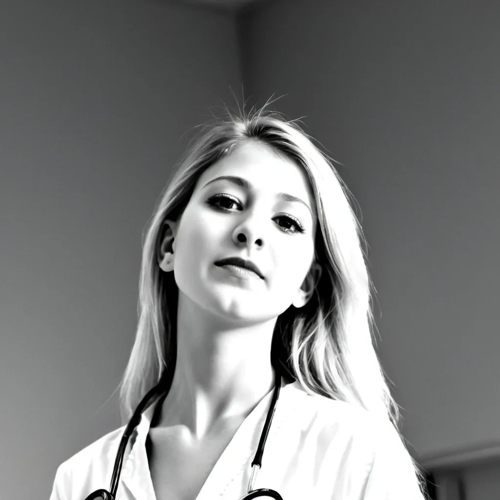 Prompt: A white doctor girl in  white scrubs full size picture