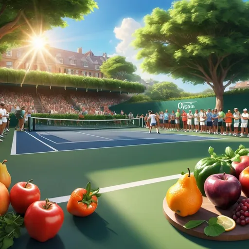 Prompt: High-resolution digital picture of a tennis match, organic food on a table, vibrant colors, detailed tennis players, realistic rendering, outdoor setting, healthy snack display, sprawling greenery, sunlit atmosphere, leisurely match, organic food, energetic aura, professional digital painting, detailed sports scene, vibrant colors, high-quality visuals