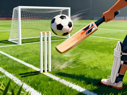 Prompt: A high graphic pic showing football hitting with cricket bat having goal post at place of wickets on cricket pitch