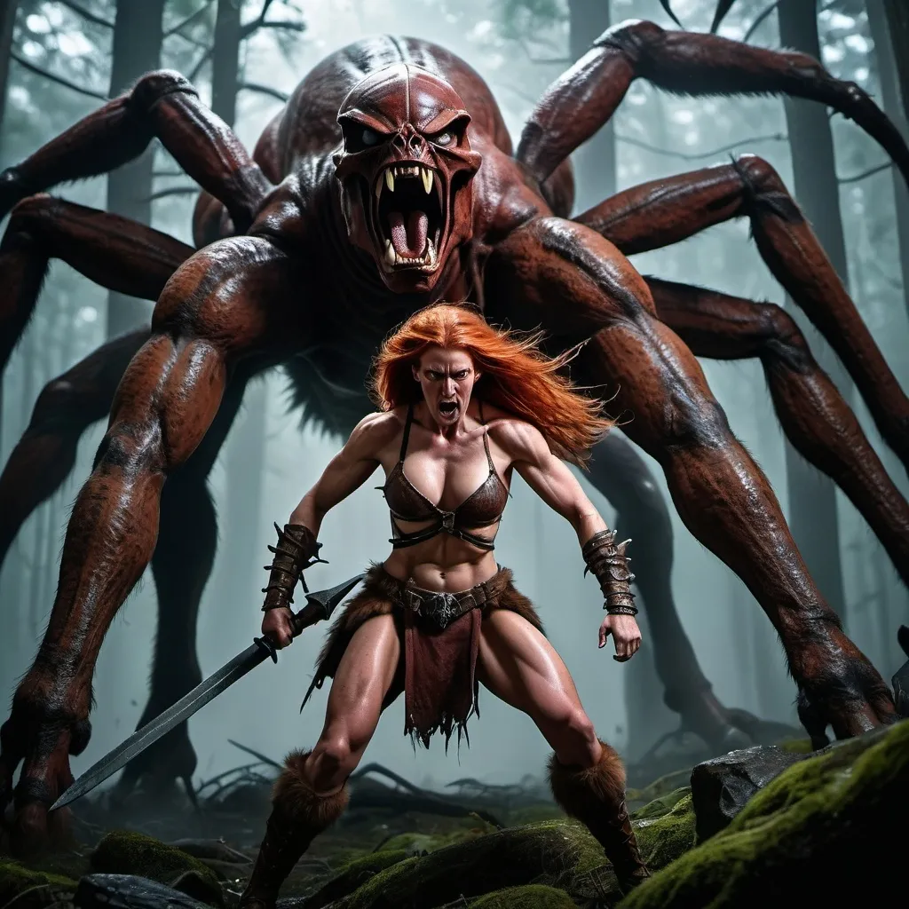 Prompt: A tall muscular redheaded barbarian woman killing a giant spider that is 30 feet tall and has horns and also tusks.