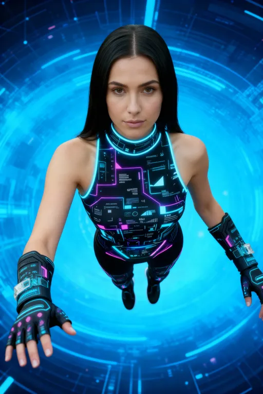 Prompt: Camera close shot on a young woman levitates on a blue digital abstract void, hands exploring around. Confident tone.