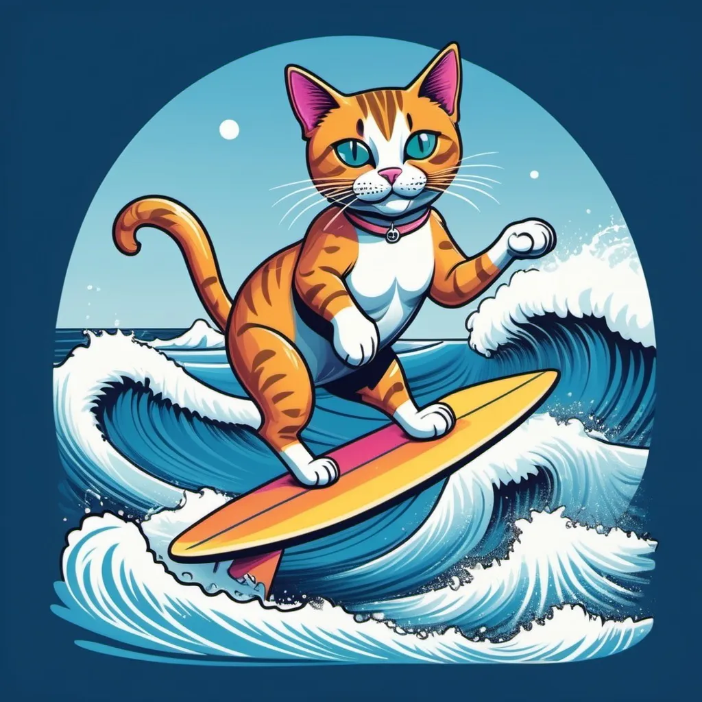 Prompt: Illustrated T-shirt design of A playful cat with sleek fur, balancing skillfully on a surfboard as it rides a wave. The cat's eyes are wide with excitement, and its tail is curved for balance. The surfboard is colorful, with bold patterns, cutting through the sparkling blue water. In the background, the ocean stretches out under a bright, sunny sky, with distant waves and seagulls flying overhead. The scene captures the energy and thrill of the moment, with droplets of water spraying around the cat as it surfs