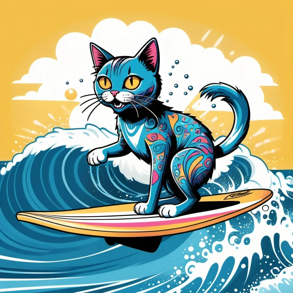 Prompt: Illustrated T-shirt design of a playful cat with sleek fur, balancing skillfully on a surfboard with all four paws as it rides a wave. The cat's eyes are wide with excitement, and its tail is curved for balance. The surfboard is colorful, with bold patterns, cutting through the sparkling blue water. In the background, the ocean stretches out under a bright, sunny sky, with distant waves and seagulls flying overhead. The scene captures the energy and thrill of the moment, with droplets of water spraying around the cat as it surfs.