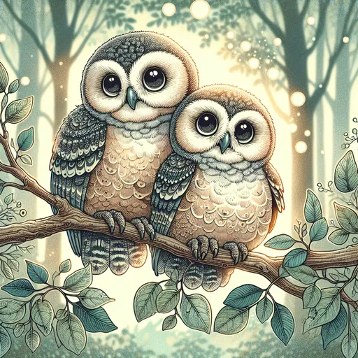 Prompt: retro design of Two charming owls perched on a branch. Their soft, mottled feathers are highlighted by the dappled sunlight filtering through the surrounding leaves. The branch is adorned with a few small, green leaves. In the background, the forest is lush and tranquil, with a soft, blurred canopy creating a serene and romantic atmosphere. The owls’ large, round eyes are filled with affection, adding to the sweet moment.