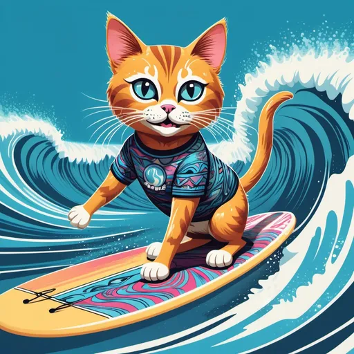 Prompt: Illustrated T-shirt design of a playful cat with sleek fur, balancing skillfully on a surfboard with all four paws as it rides a wave. The cat's eyes are wide with excitement, and its tail is curved for balance. The surfboard is colorful, with bold patterns, cutting through the sparkling blue water. In the background, the ocean stretches out under a bright, sunny sky, with distant waves and seagulls flying overhead. The scene captures the energy and thrill of the moment, with droplets of water spraying around the cat as it surfs.