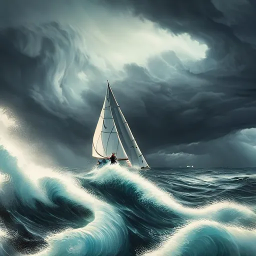 Prompt: A cinematic and hyperrealistic image of a sailor navigating through towering waves. The scene captures the sailor at the helm of a small sailing boat, fiercely battling the immense, frothy waves. The ocean is a deep, dark blue, with waves rising like mountains around the boat. The sky is dramatic, with dark clouds hinting at a brewing storm. The sailor, focused and determined, is wearing a waterproof jacket and hat, battling the elements. The lighting is dynamic, emphasizing the contrast between the dark sky and the white foam of the waves, creating a sense of danger and adventure on the high seas.