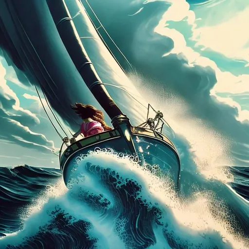 Prompt: A cinematic and hyperrealistic image of a sailor navigating through towering waves. The scene captures the sailor at the helm of a small sailing boat, fiercely battling the immense, frothy waves. The ocean is a deep, dark blue, with waves rising like mountains around the boat. The sky is dramatic, with dark clouds hinting at a brewing storm. The sailor, focused and determined, is wearing a waterproof jacket and hat, battling the elements. The lighting is dynamic, emphasizing the contrast between the dark sky and the white foam of the waves, creating a sense of danger and adventure on the high seas.