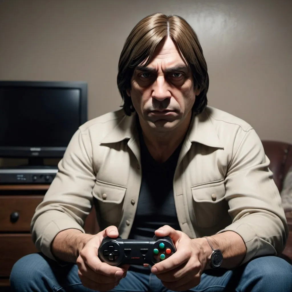 Prompt: anton chigurh playing video game