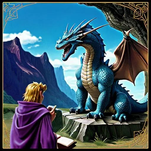 Prompt: 90’s style dragon fantasy scene with a wizard 