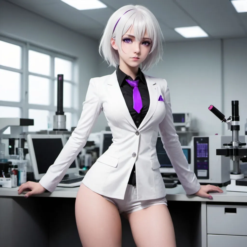 Prompt: Yandere girl, white hair, sharp hair, purple eyes, tall girl, black pants, white suit, big chest, thick, arms, legs, in lab
