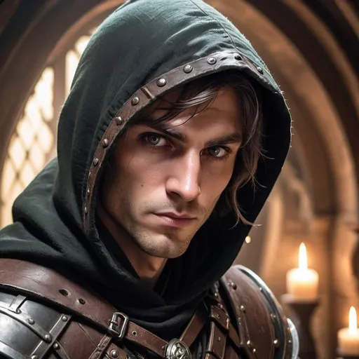Prompt: closeup profile dnd 5e edition rogue, rugged and dirty, elf male, in a black hood and light dark leather Armour. background a fantasy treasure room. looking into the camera. ethereal deep eyes.  glare and haze in eyes.