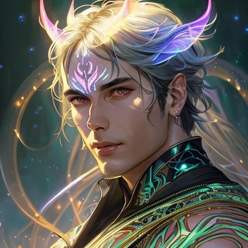 Prompt: up close portrait of a handsome demon wearing lit up futuristic highly detailed clothing, sitting in yoga pose surrounded by fireflies, mist, sharp focus, light rays. Art by artgerm and greg rutkowski and alphonse mucha