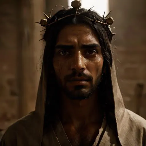 Prompt: real Egyptian Jesus looking at me.  wearing pauper clothes. on his head a thorns crown. tears. sad. sharp focus. 4k realistic photo