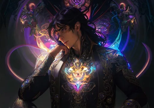 Prompt: up close portrait of a handsome demon wearing lit up futuristic highly detailed clothing, sitting in yoga pose surrounded by fairies, mist, sharp focus, light rays. Art by artgerm and greg rutkowski and alphonse mucha