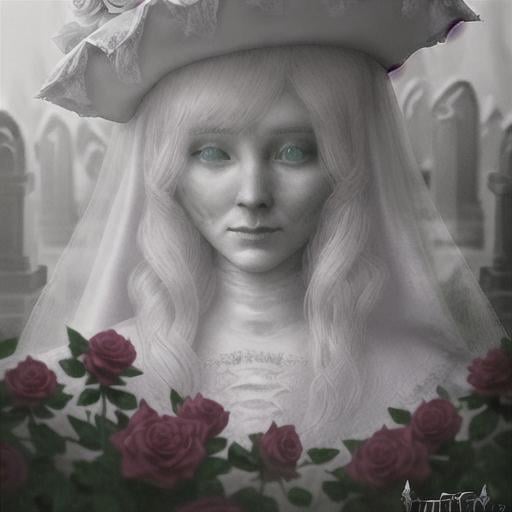 Prompt: close up portrait lady in white ghost walking around tombstones, fantasy, sharp focus, horror, high detail, movie composite, low fog,  wild roses. artstation. colorful