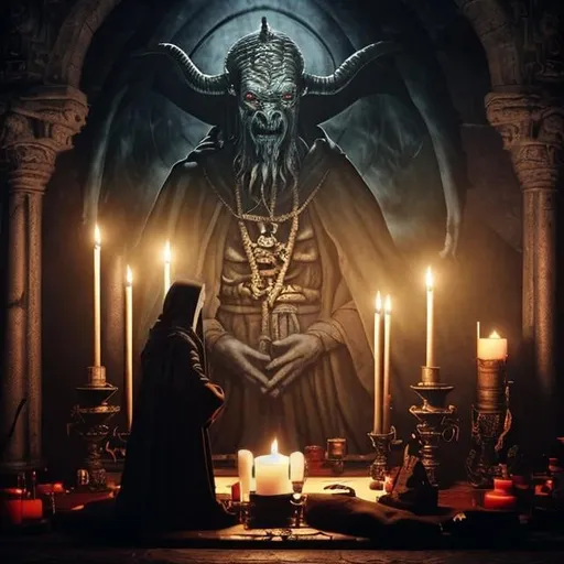 Prompt: a medieval monk in black robes doin a demonic ritual. devils. demons. background candle lit temple with a statue of Baphomet in the back. codex gigas. Chiaroscuro. Elegant, ethereal, Satan, Lucifer, Beelzebub, Mephistopheles, Iblis . 4k realistic photo  